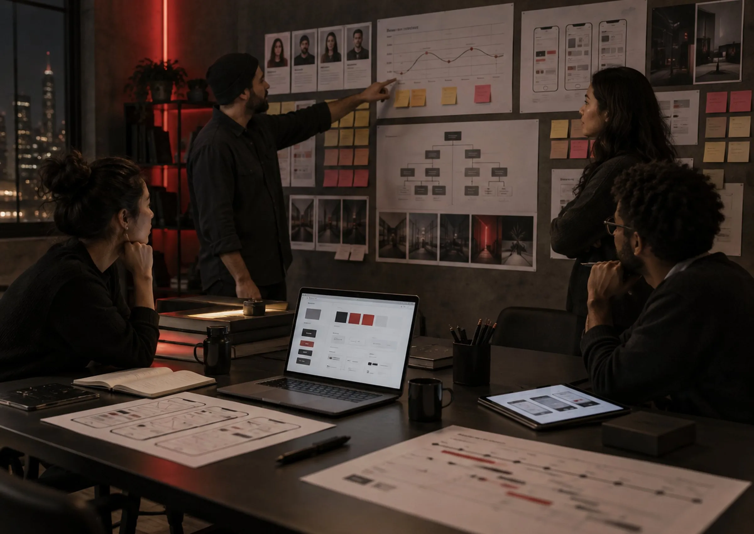 Connect design team planning a product with UX research, prototypes and a design system